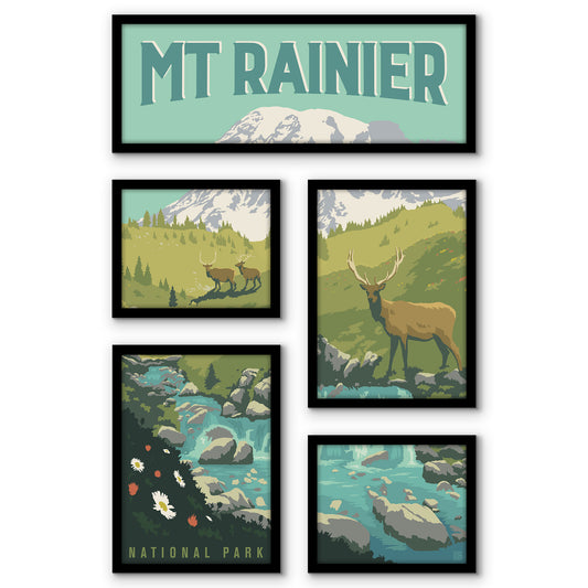 Mount Rainier National Park Elk 5 Piece Grid Wall Art Room Decor Set  - Framed
