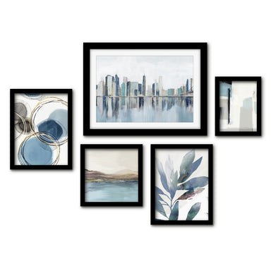 Americanflat 5 Piece Black Framed Gallery Wall Art Set - Blue Watercolor Floral Abstract NYC Skyline