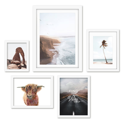 Americanflat 5 Piece Black Framed Gallery Wall Art Set - Brown & Lightblue Coastal Animal Adventure