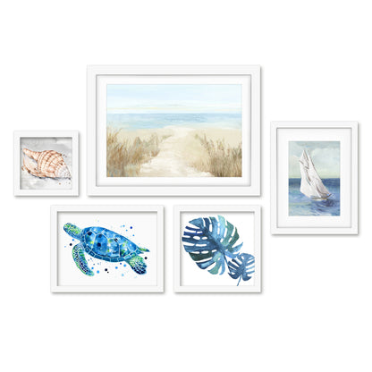 Americanflat 5 Piece Black Framed Gallery Wall Art Set - Blue Coastal Nature Sailing
