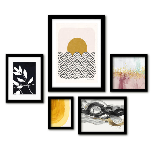 Americanflat 5 Piece Black Framed Gallery Wall Art Set - Black & Gold Abstract Botanical Wire Art Woman
