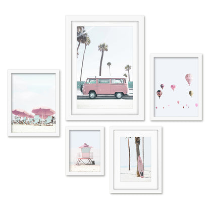 Americanflat 5 Piece Black Framed Gallery Wall Art Set - Pastel Pink Beach Surf