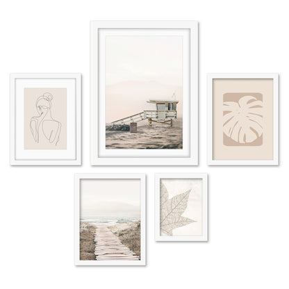 Americanflat 5 Piece Black Framed Gallery Wall Art Set - Beige Coastal Nature Line Art Woman