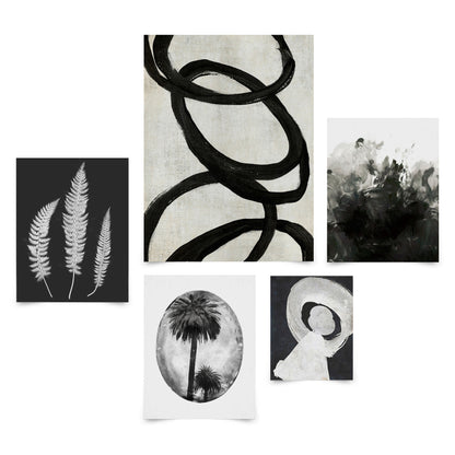 5 Piece Poster Gallery Wall Art Set - Black Abstract Botanical Woman - Print