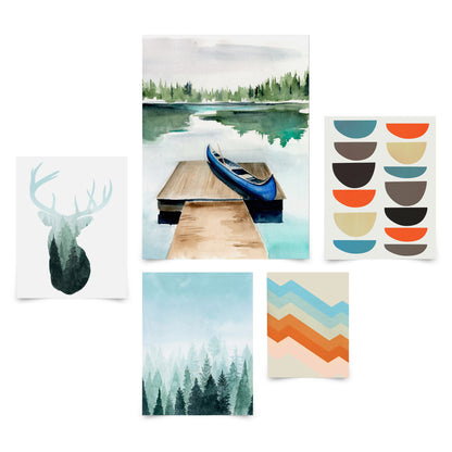5 Piece Poster Gallery Wall Art Set - Green Lake & Colorful Abstract Shapes - Print
