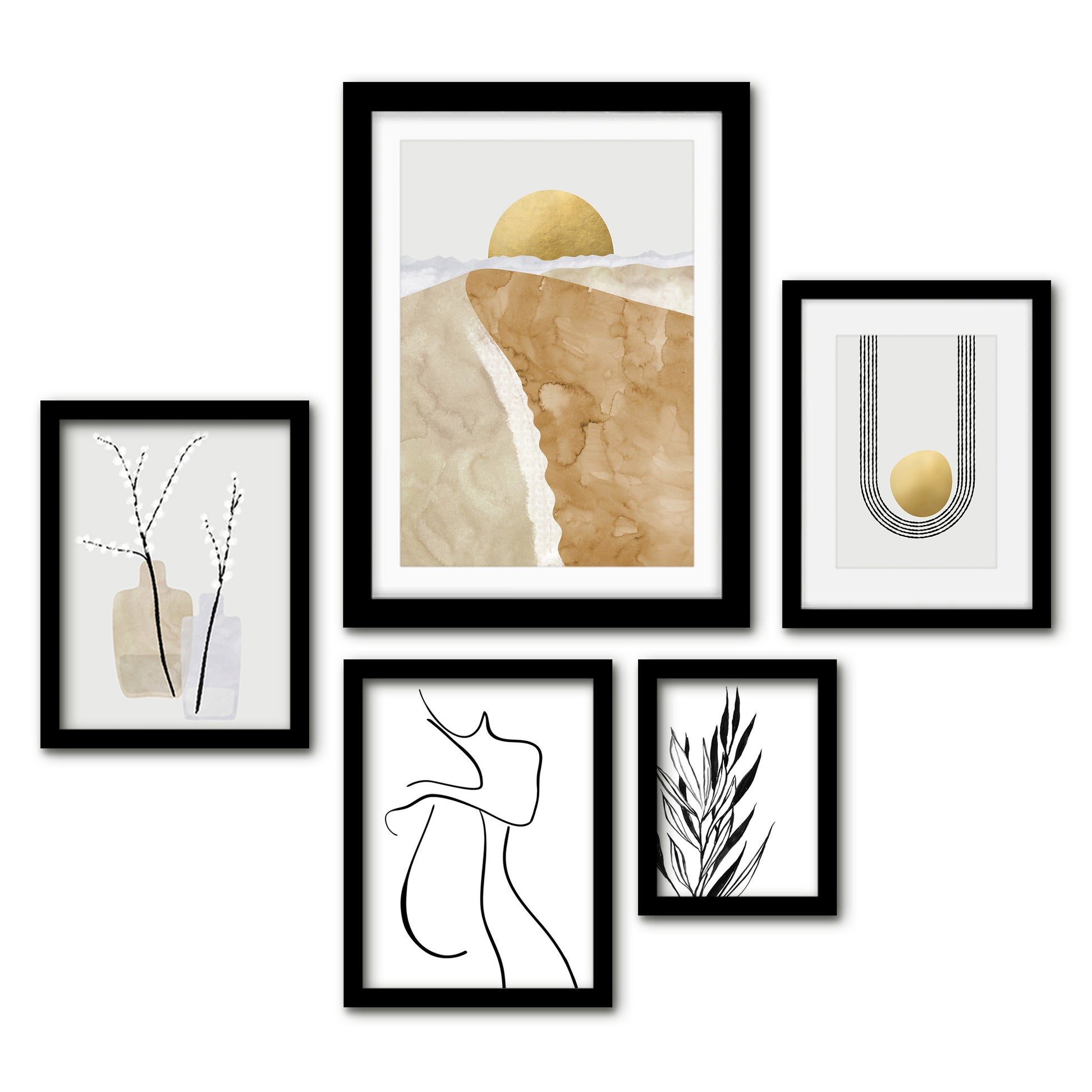 Americanflat 5 Piece Black Framed Gallery Wall Art Set - Black & Gold Abstract Floral Shapes