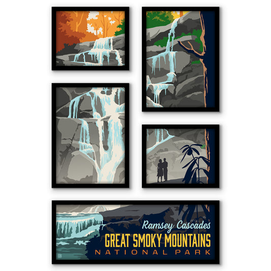 Great Smoky Mountains National Park Ramsey Cascades 5 Piece Grid Wall Art Room Decor Set  - Framed
