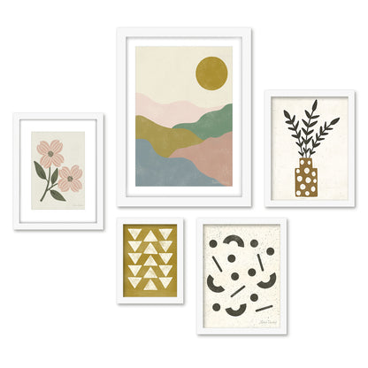 Americanflat 5 Piece Black Framed Gallery Wall Art Set - Pastel Pink & Green Botanical Abstract Landscape