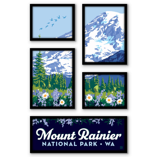 Mount Rainier National Park Wildflowers 5 Piece Grid Wall Art Room Decor Set  - Framed