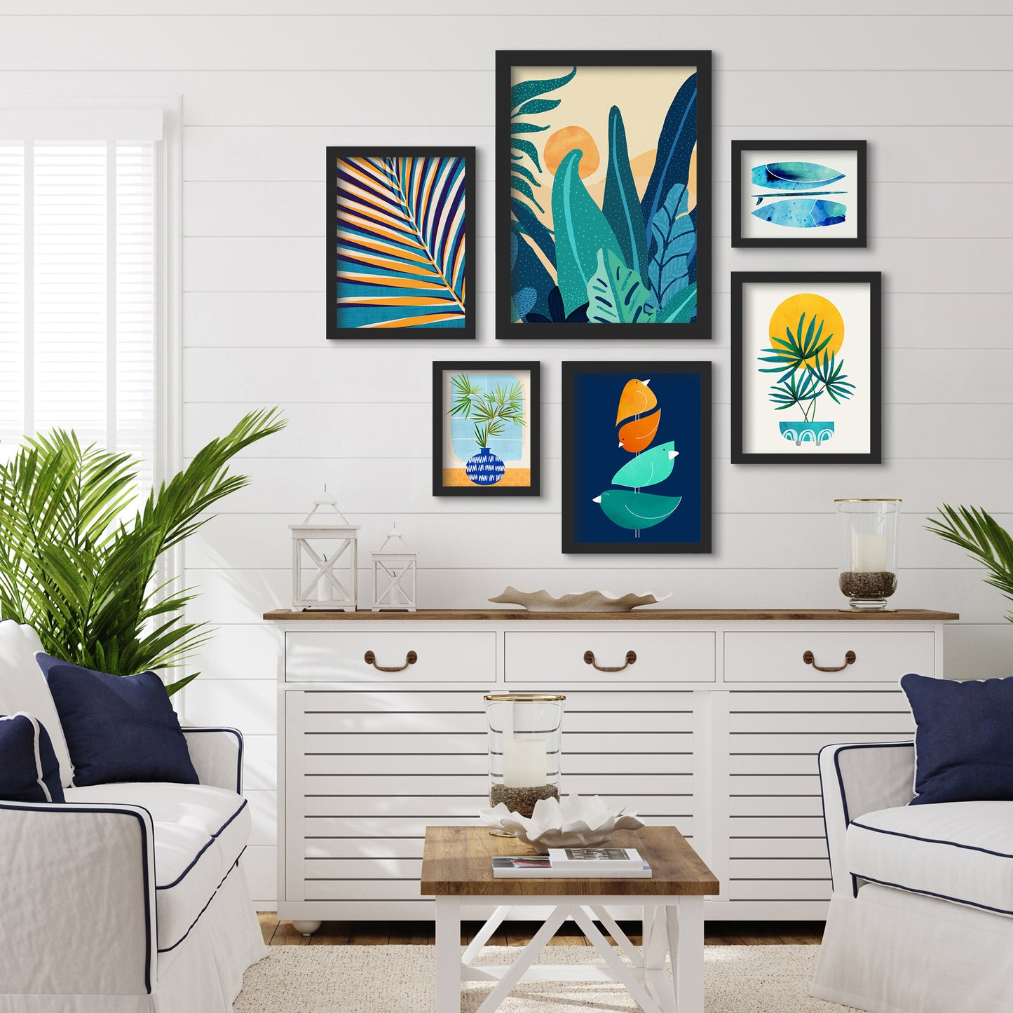 Contemporary Blue & Orange Botanicals - 6 Piece Framed Gallery Wall Set - Art Set - Americanflat