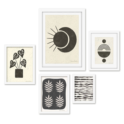 Americanflat 5 Piece Black Framed Gallery Wall Art Set - Black & Beige Leaves Pattern
