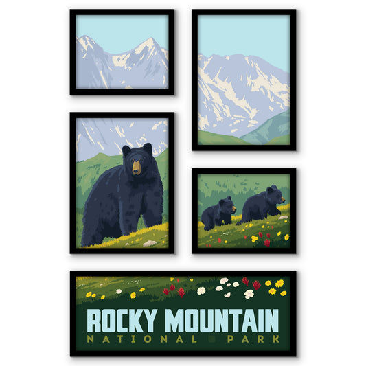 Rocky Mountain National Park Black Bear 5 Piece Grid Wall Art Room Decor Set  - Framed