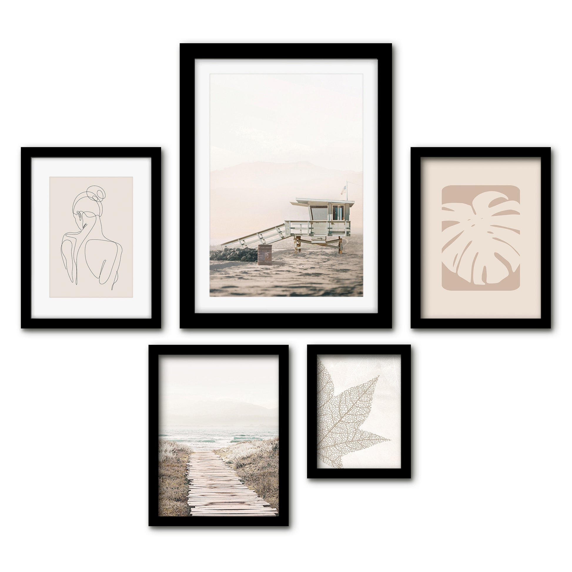 Americanflat 5 Piece Black Framed Gallery Wall Art Set - Beige Coastal Nature Line Art Woman