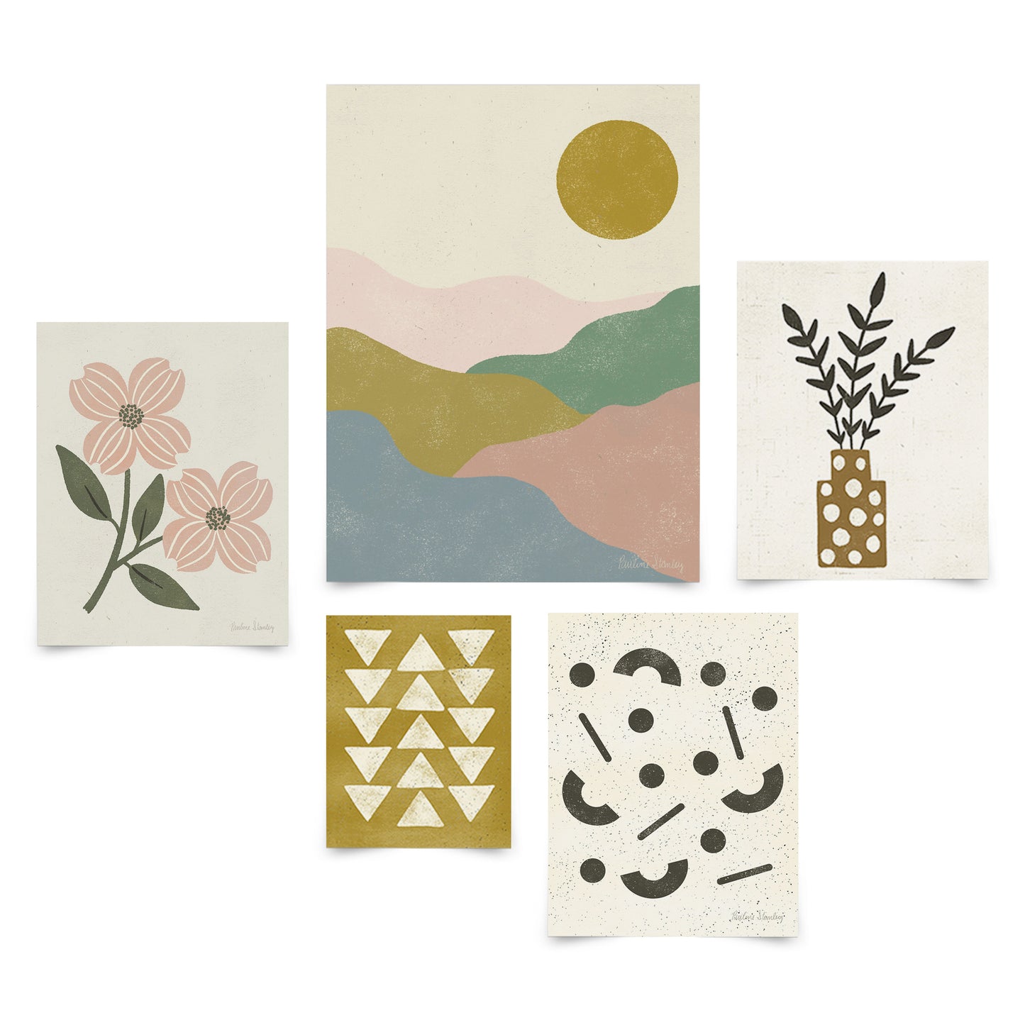 5 Piece Poster Gallery Wall Art Set - Pastel Pink & Green Botanical Abstract Landscape - Print