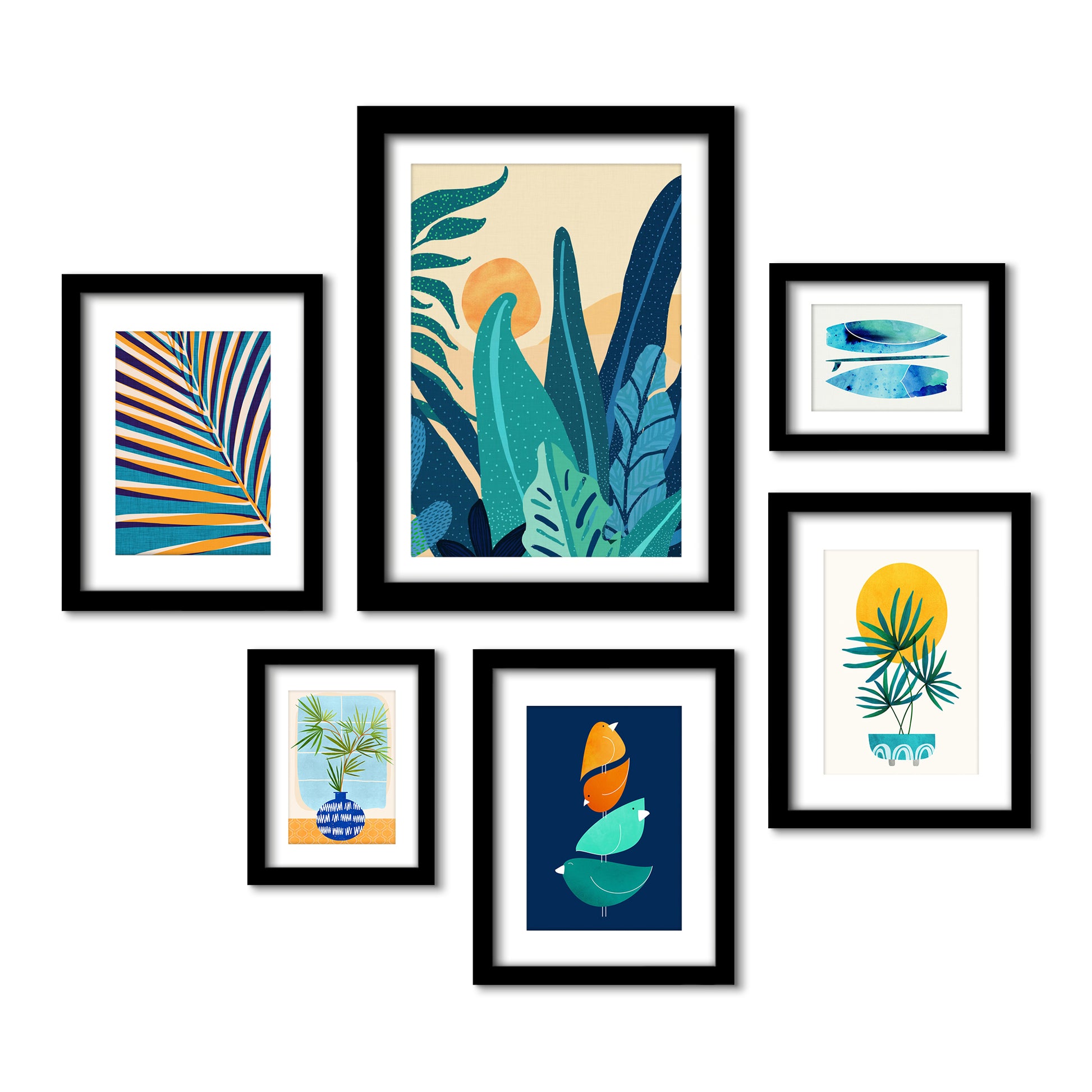 Contemporary Blue & Orange Botanicals - 6 Piece Framed Gallery Wall Set - Americanflat