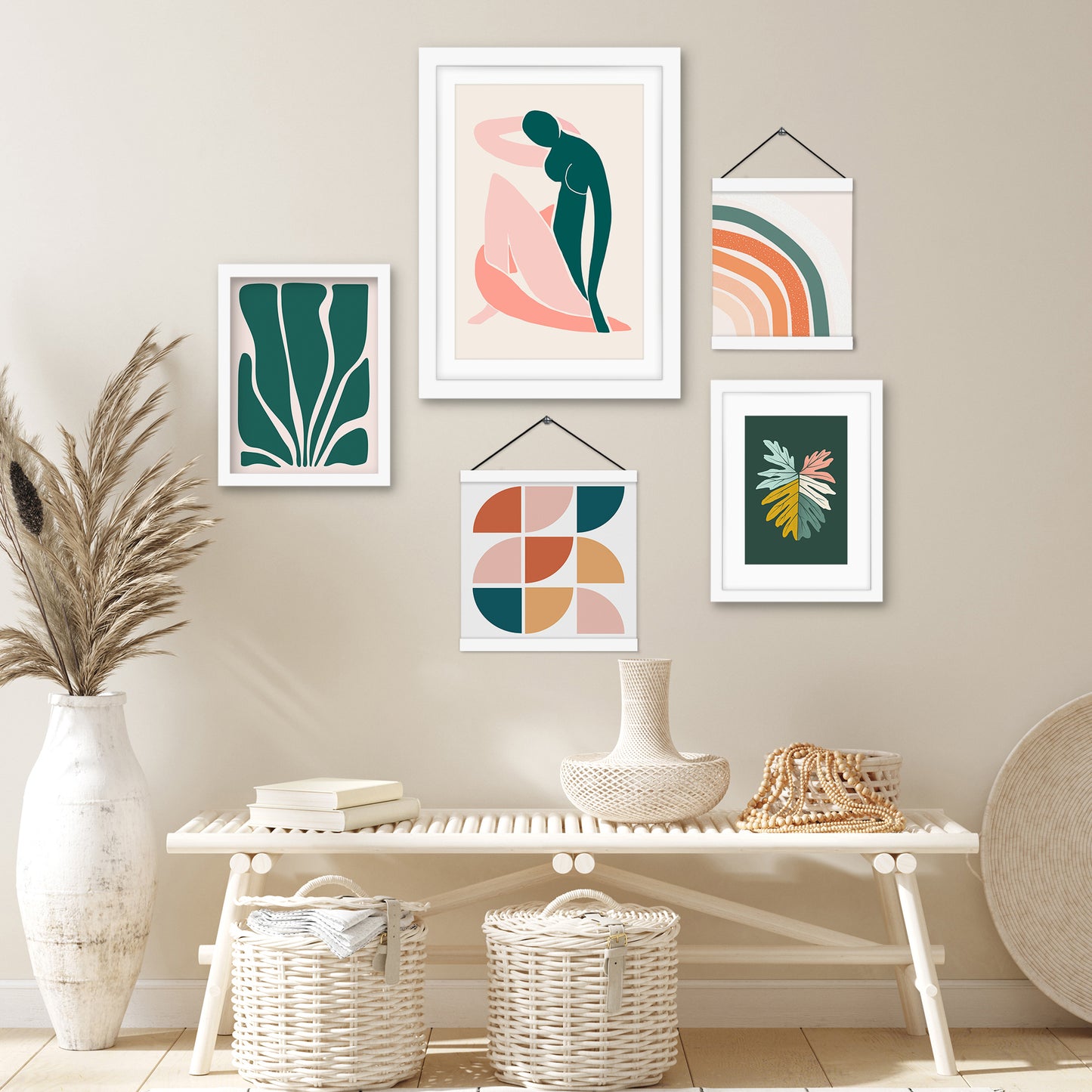 Pink Green Abstract Woman Shapes - Framed Multimedia Gallery Art Set