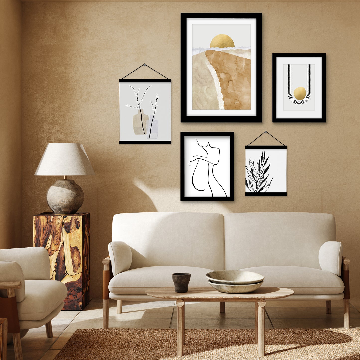 Black and Gold Abstract Floral Shapes Framed Multimedia Gallery Art Set