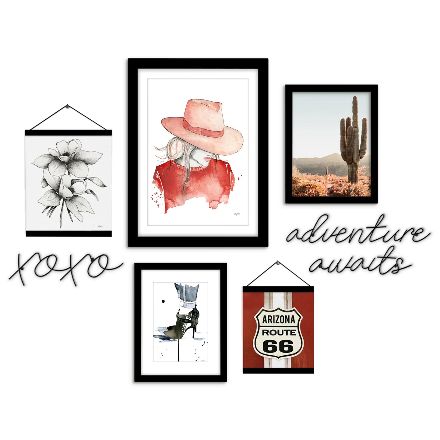 Watercolor Red Desert Woman Adventure - Framed Multimedia Gallery Art Set