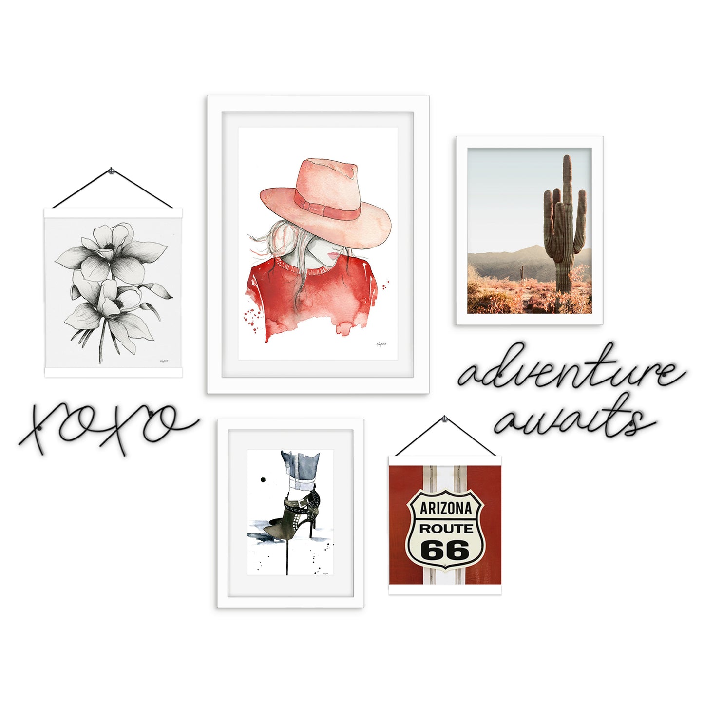 Watercolor Red Desert Woman Adventure - Framed Multimedia Gallery Art Set