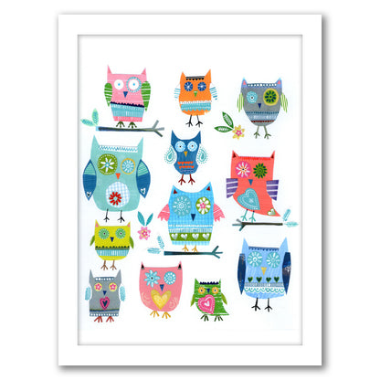 Tweleve Collaged Owls By Liz And Kate Pope - White Framed Print