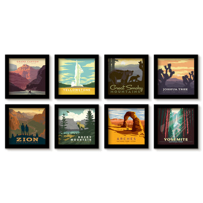 Retro National Parks 8 Piece Gallery Framed Print Art Set