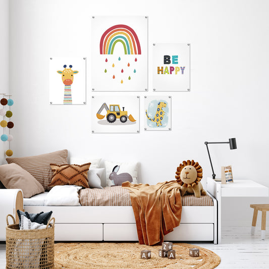 5 Piece Poster Gallery Wall Art Set - Colorful Happy Adventure Animals - Print