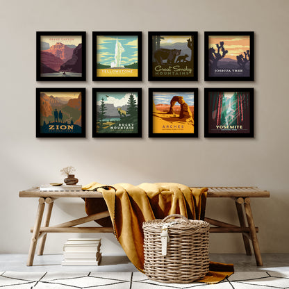 Retro National Parks 8 Piece Gallery Framed Print Art Set