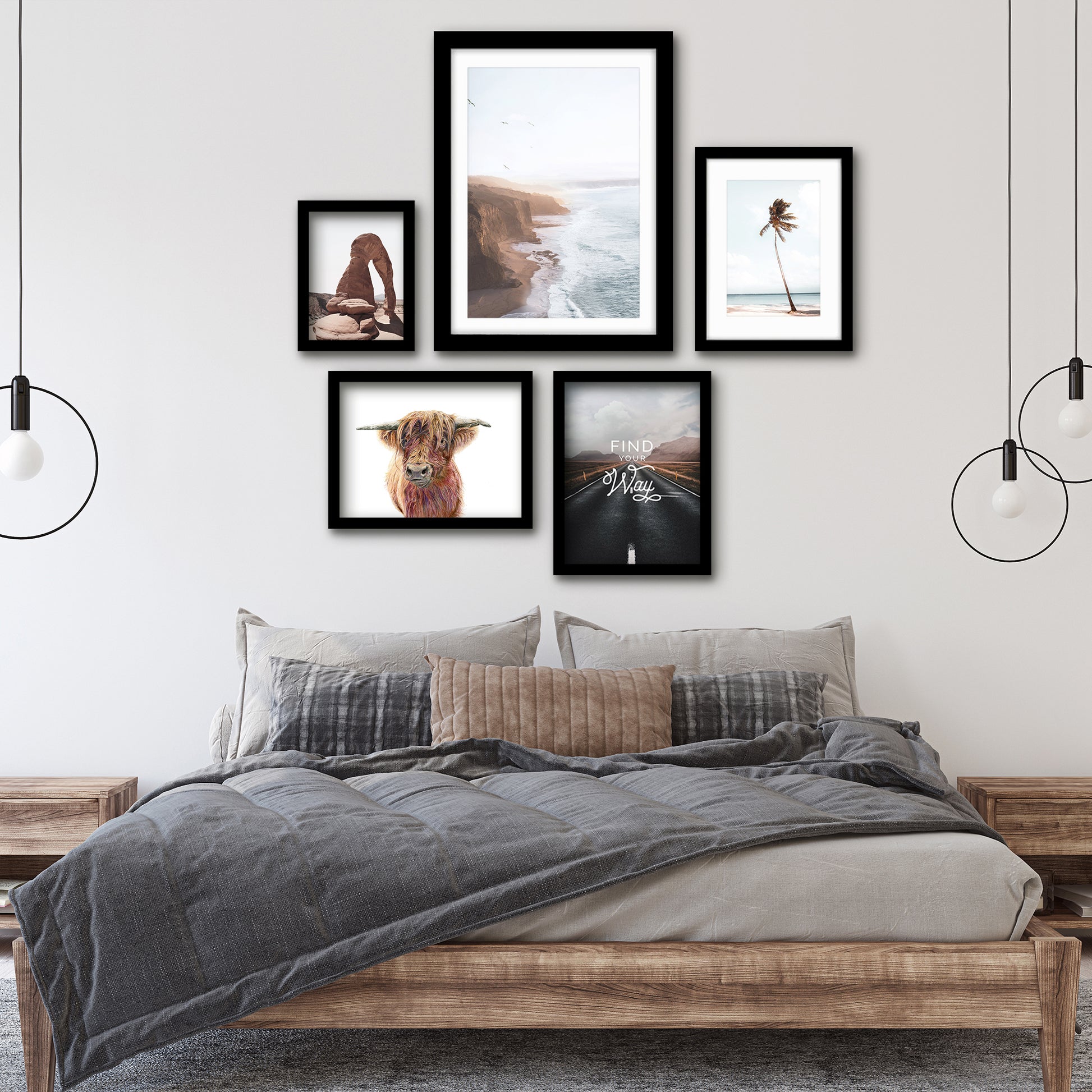 Americanflat 5 Piece Black Framed Gallery Wall Art Set - Brown & Lightblue Coastal Animal Adventure