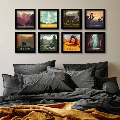 Retro National Parks 8 Piece Gallery Framed Print Art Set