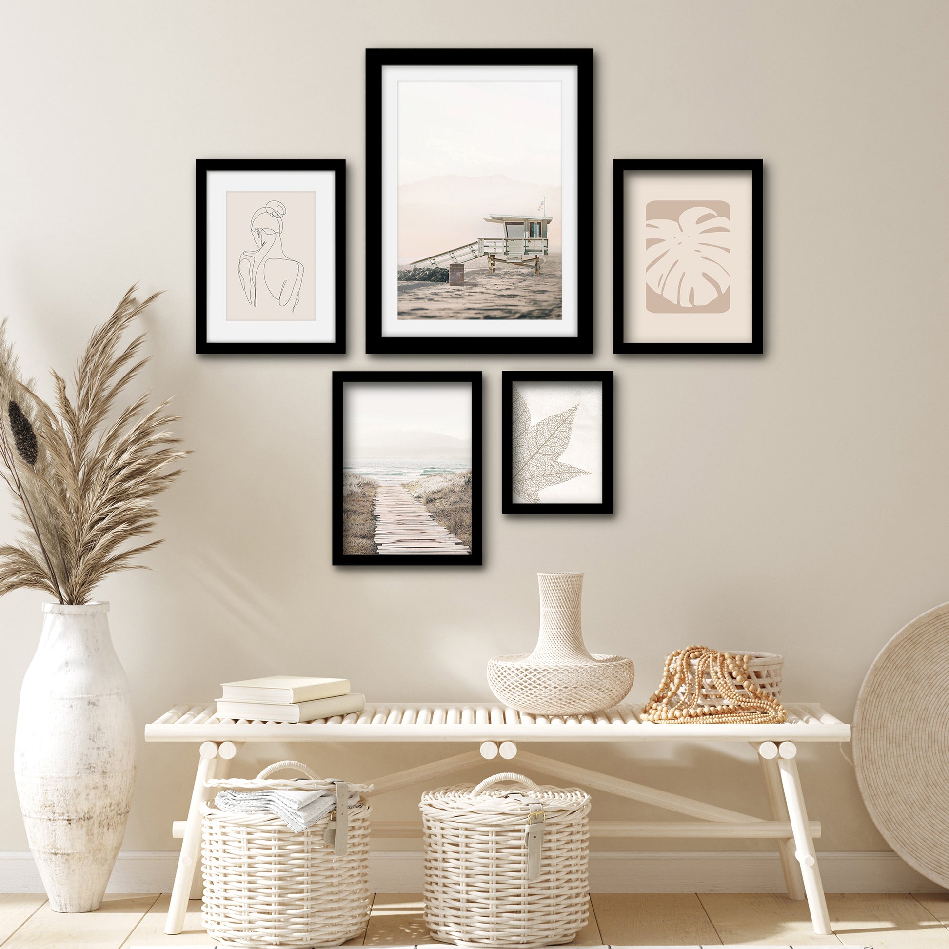Americanflat 5 Piece Black Framed Gallery Wall Art Set - Beige Coastal Nature Line Art Woman
