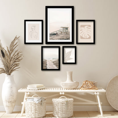 Americanflat 5 Piece Black Framed Gallery Wall Art Set - Beige Coastal Nature Line Art Woman