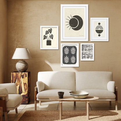 Americanflat 5 Piece Black Framed Gallery Wall Art Set - Black & Beige Leaves Pattern