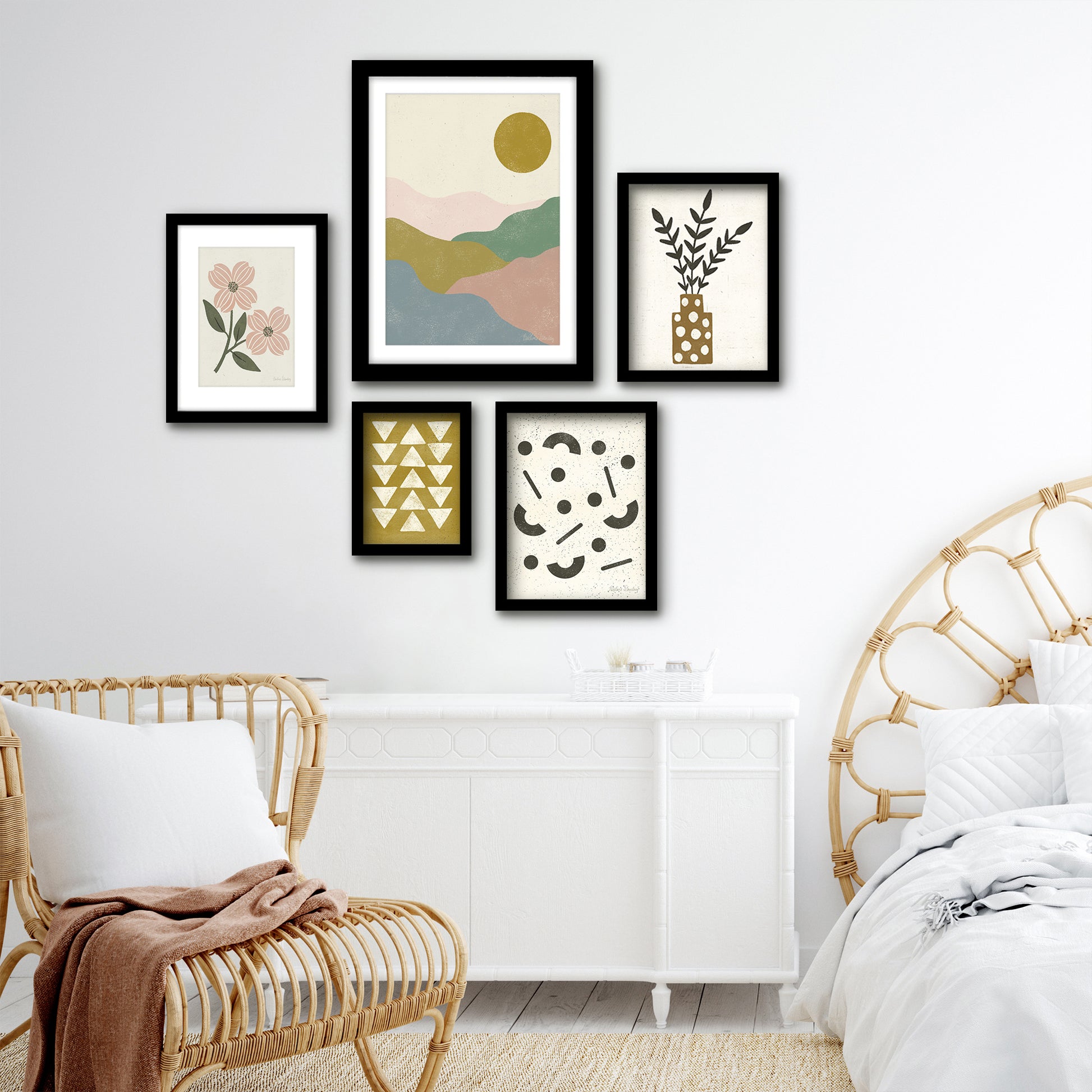 Americanflat 5 Piece Black Framed Gallery Wall Art Set - Pastel Pink & Green Botanical Abstract L&scape