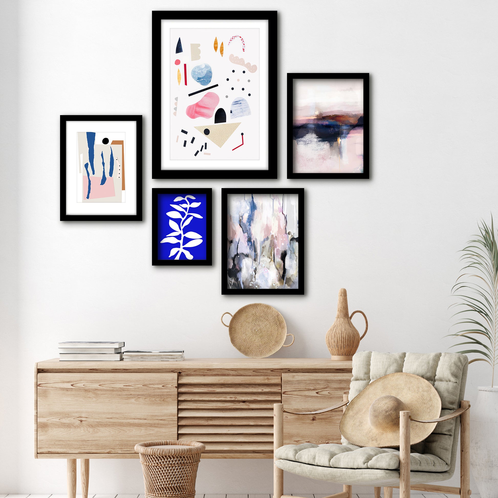 Americanflat 5 Piece Black Framed Gallery Wall Art Set - Blue & Pink Matisse Abstract Shapes