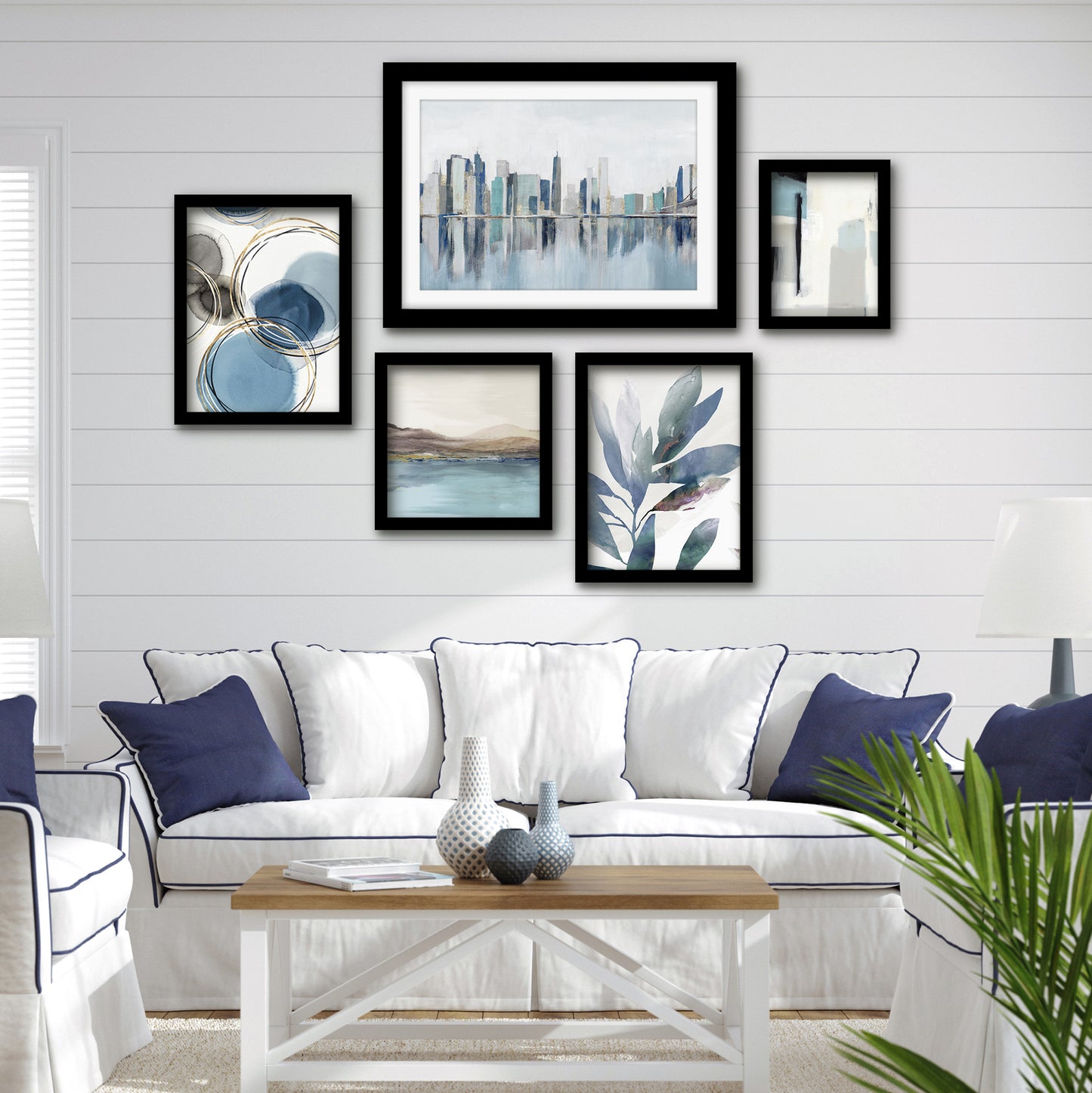 Americanflat 5 Piece Black Framed Gallery Wall Art Set - Blue Watercolor Floral Abstract NYC Skyline