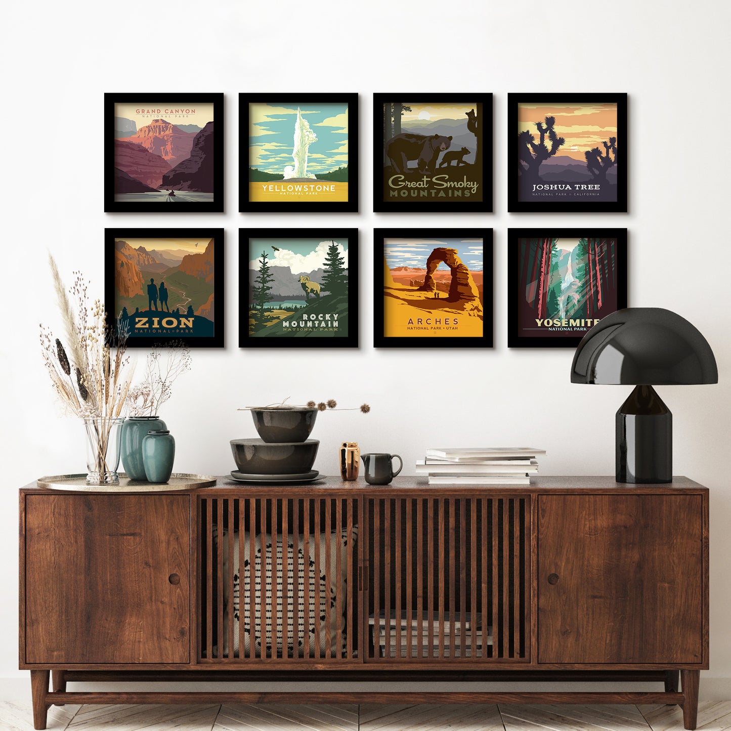 Retro National Parks 8 Piece Gallery Framed Print Art Set