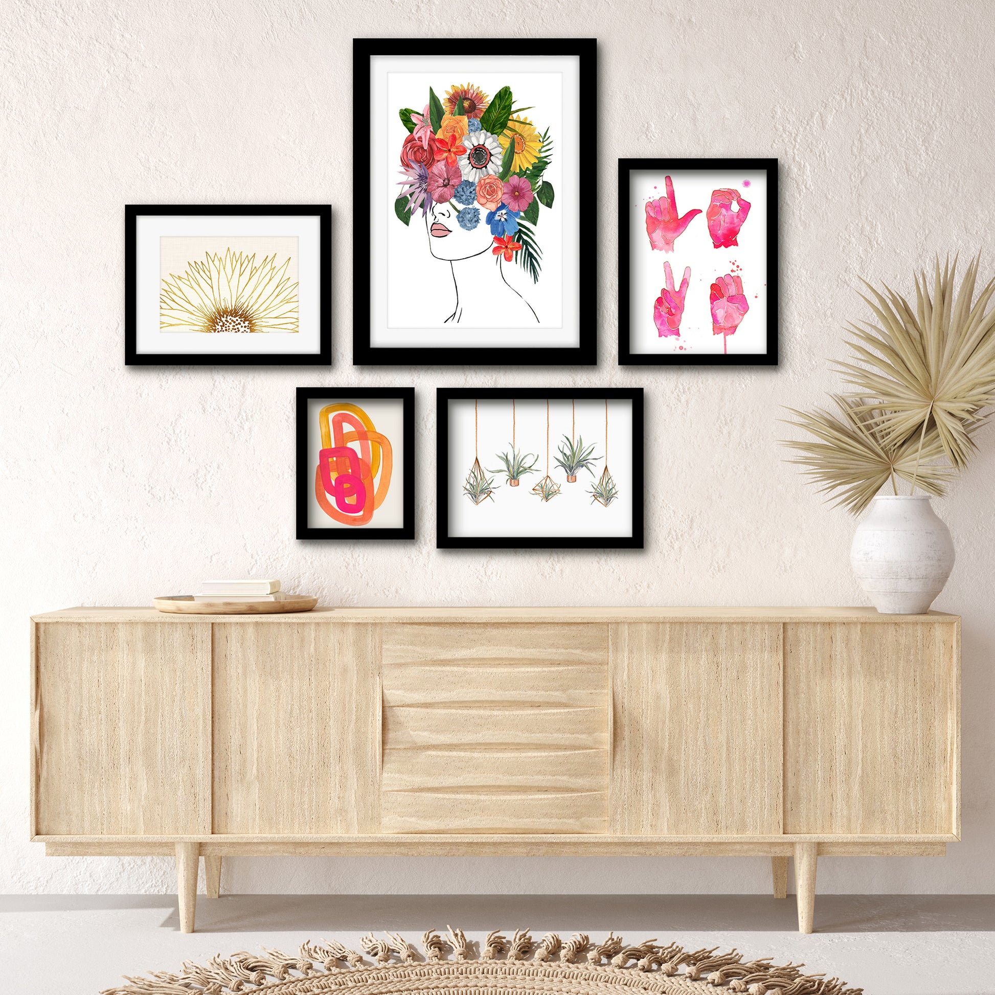 Americanflat 5 Piece Black Framed Gallery Wall Art Set - Colorful Floral Femme L-O-V-E
