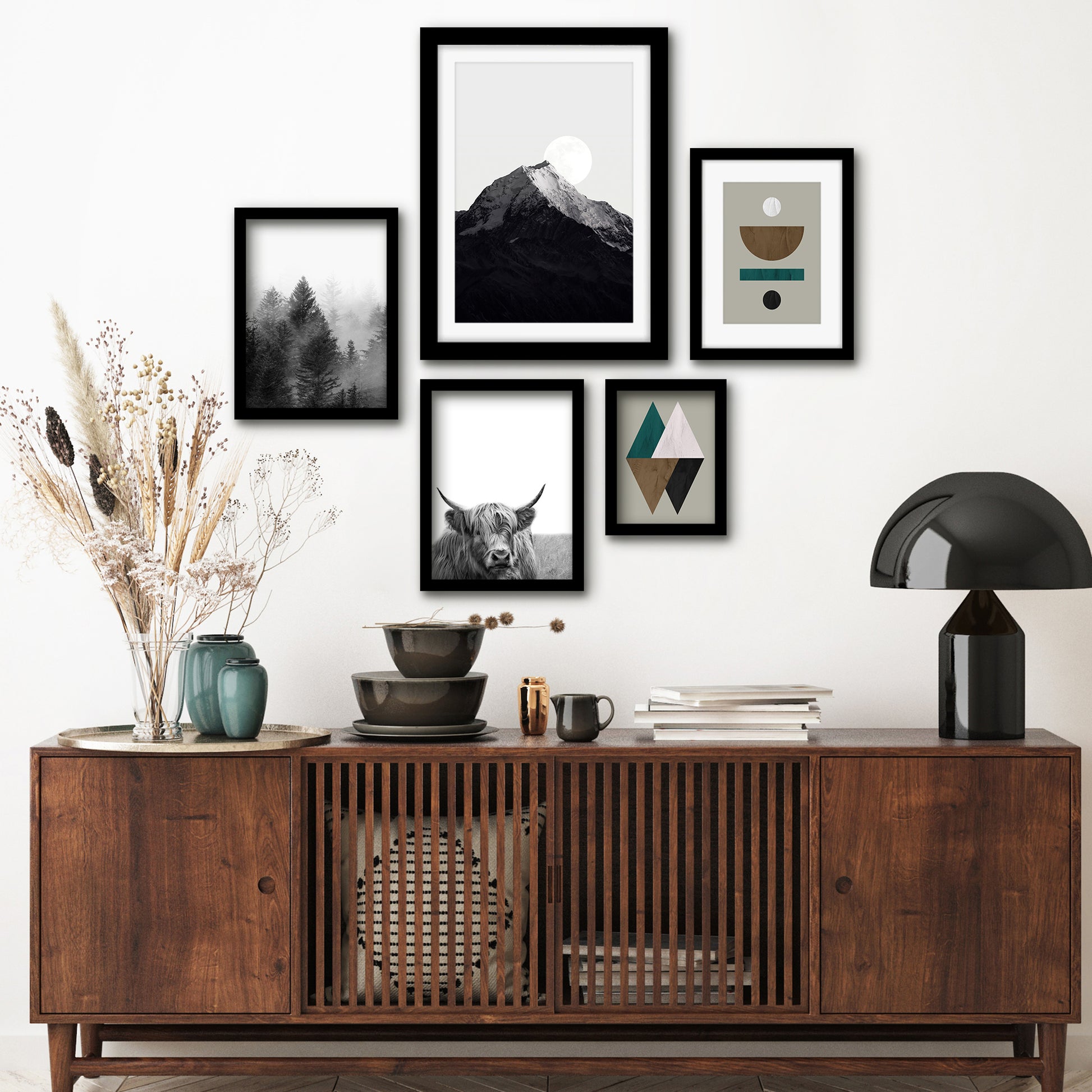Americanflat 5 Piece Black Framed Gallery Wall Art Set - Black & White L&scape & Earth Tones Abstract Nature