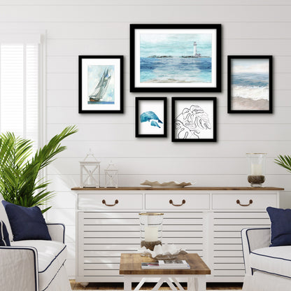Americanflat 5 Piece Black Framed Gallery Wall Art Set - Ocean Sailing Lighthouse