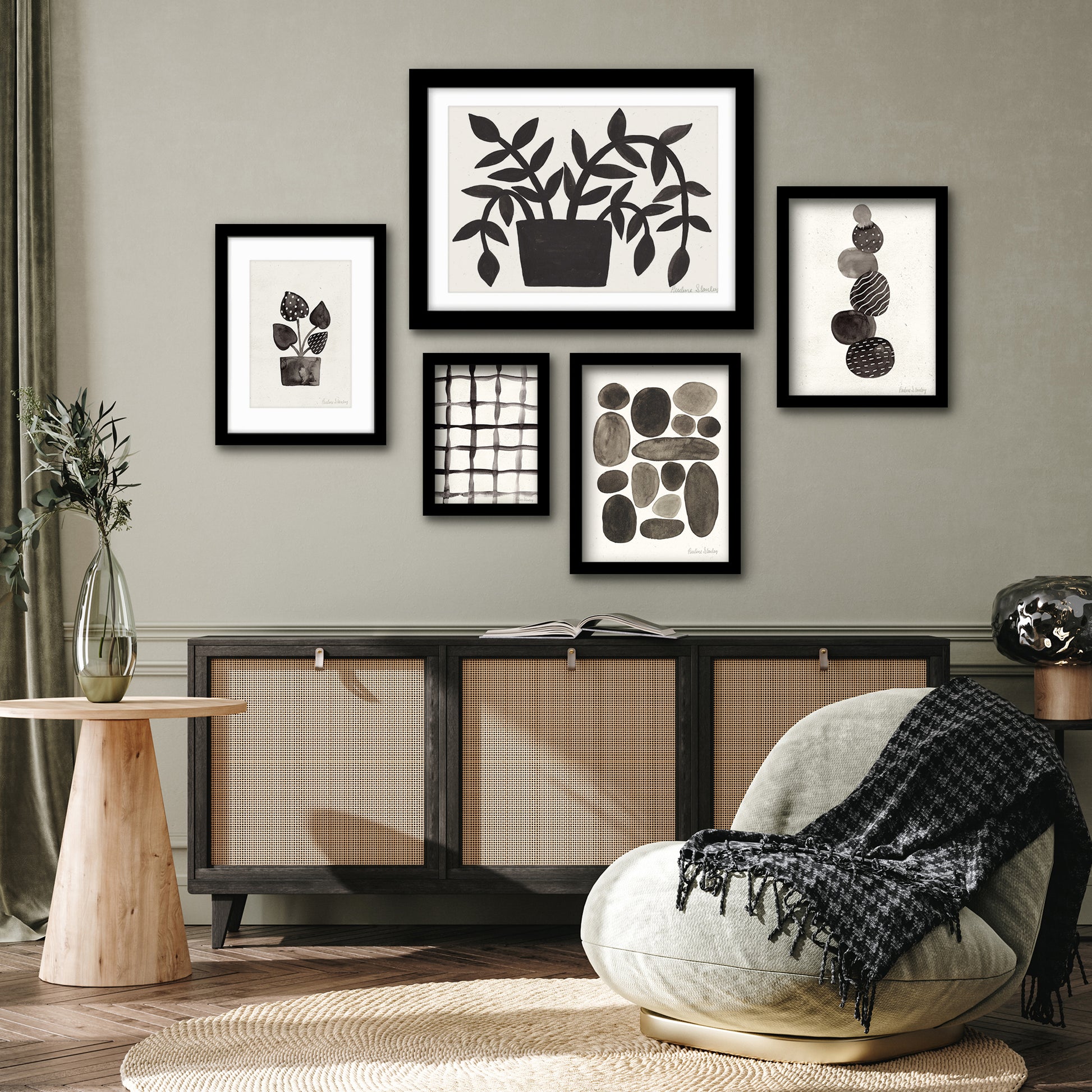Americanflat 5 Piece Black Framed Gallery Wall Art Set - Watercolor Black Abstract Nature