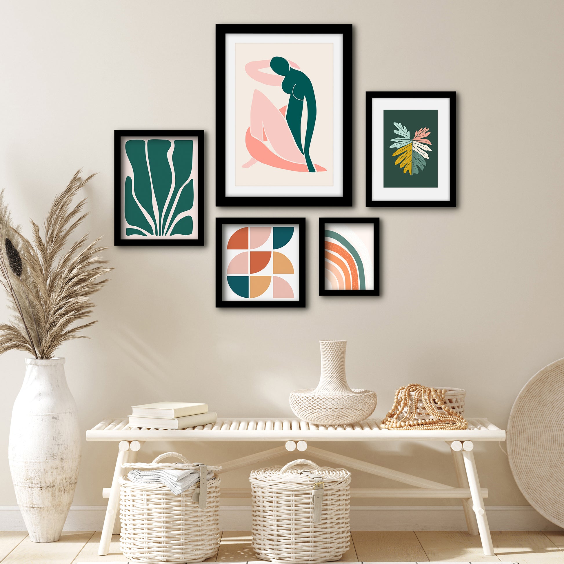 Americanflat 5 Piece Black Framed Gallery Wall Art Set - Pink & Green Abstract Woman Shapes
