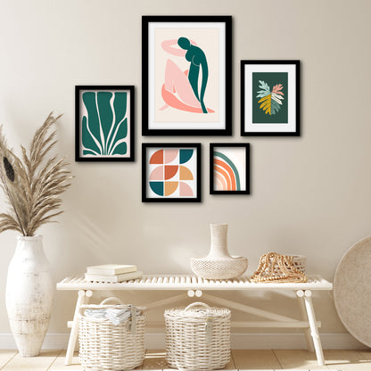 Americanflat 5 Piece Black Framed Gallery Wall Art Set - Pink & Green Abstract Woman Shapes