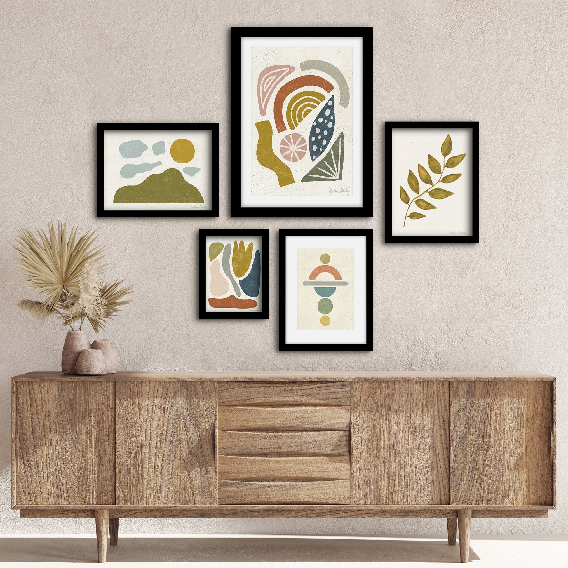 Americanflat 5 Piece Black Framed Gallery Wall Art Set - Colorful Shapes Green Organic Nature