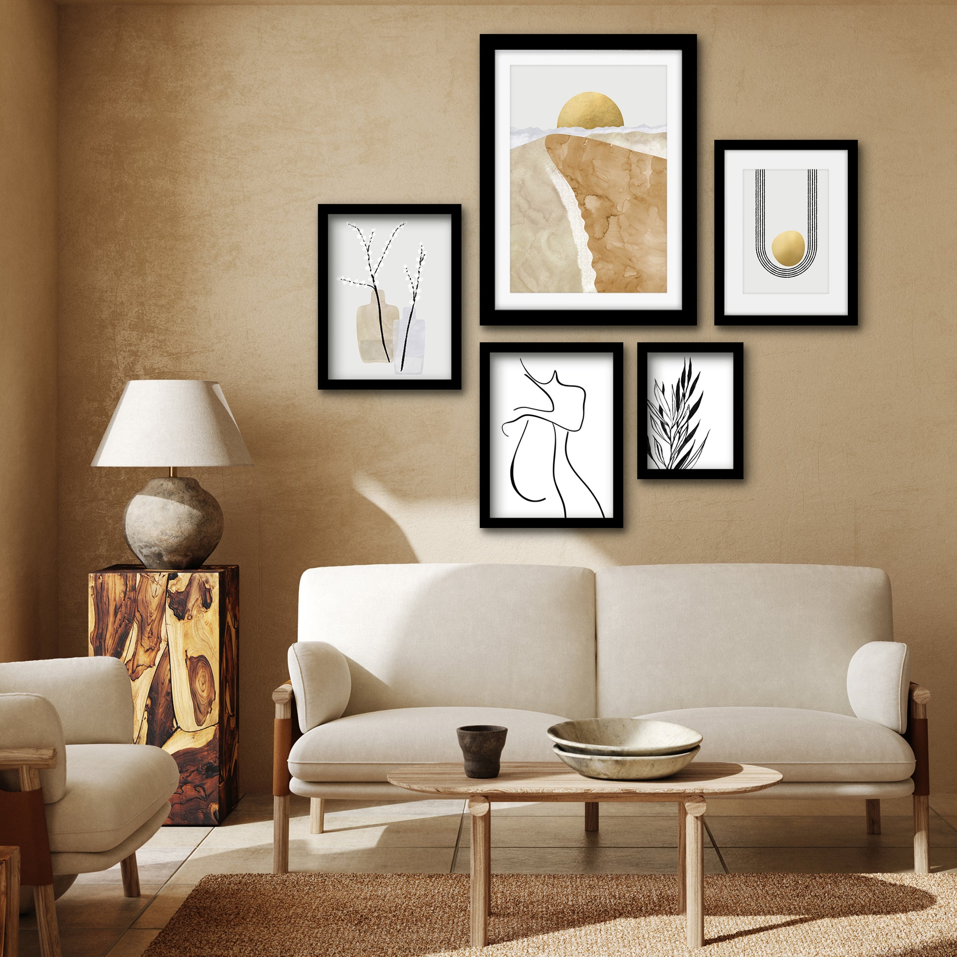 Americanflat 5 Piece Black Framed Gallery Wall Art Set - Black & Gold Abstract Floral Shapes