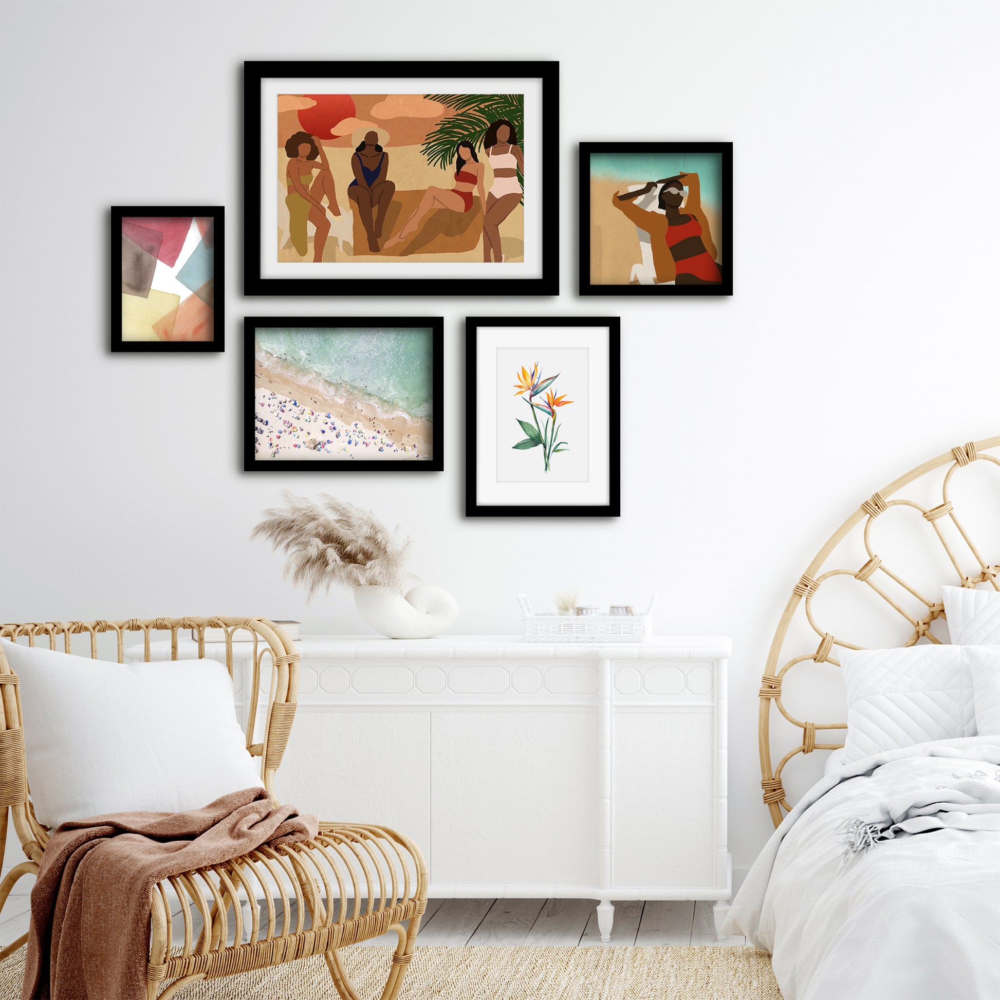 Americanflat 5 Piece Black Framed Gallery Wall Art Set - Female Beach Monstera