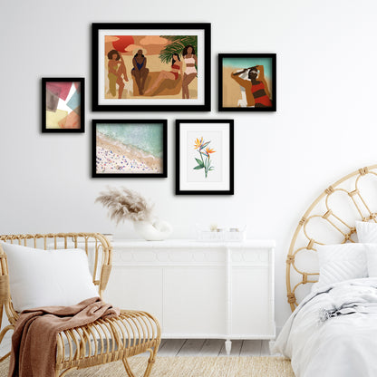 Americanflat 5 Piece Black Framed Gallery Wall Art Set - Female Beach Monstera