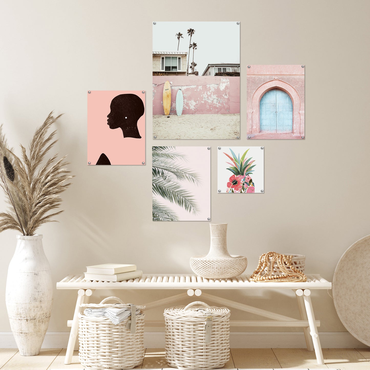 5 Piece Poster Gallery Wall Art Set - Pink Botanical Beach Woman - Print