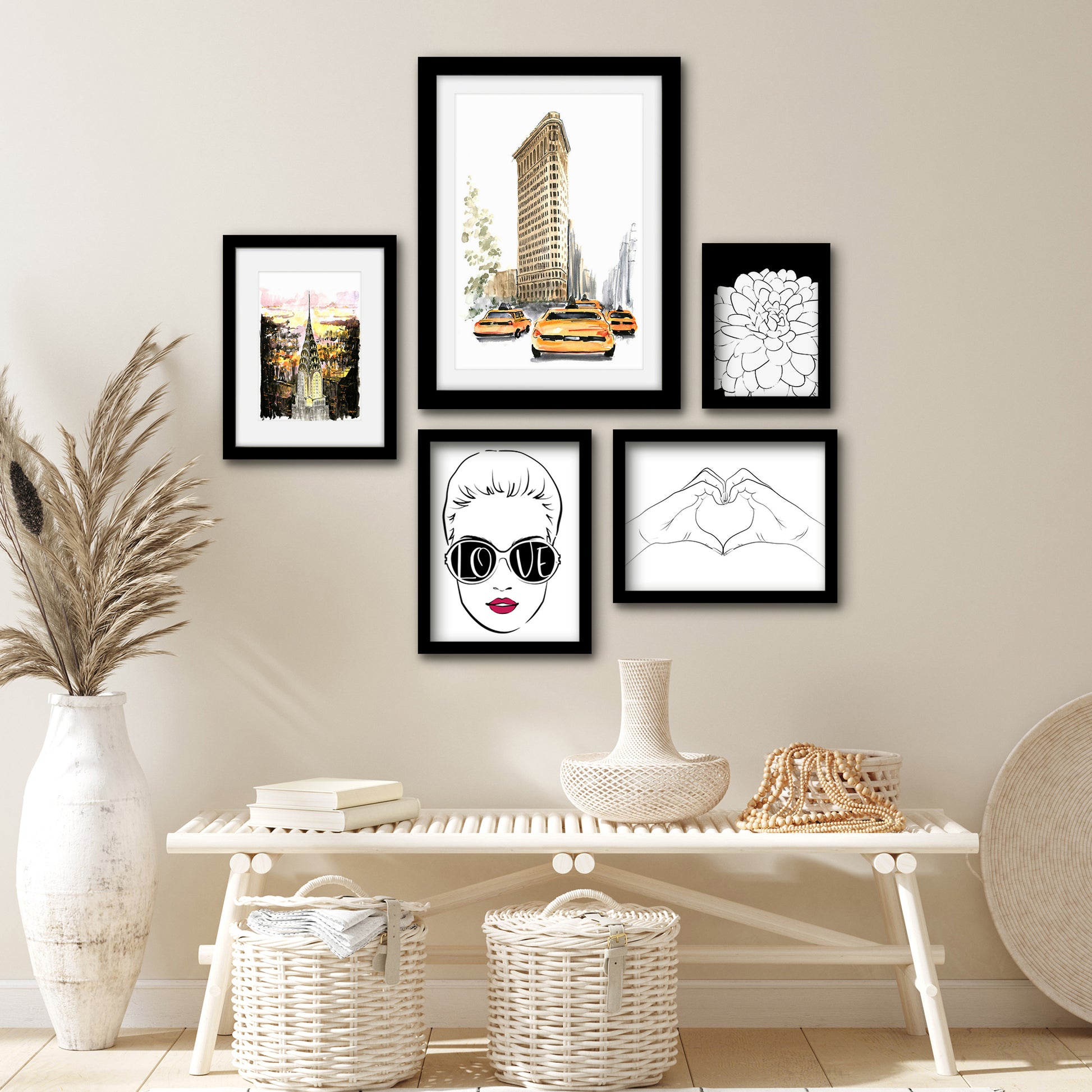 Americanflat 5 Piece Black Framed Gallery Wall Art Set - Watercolor NYC Women Love