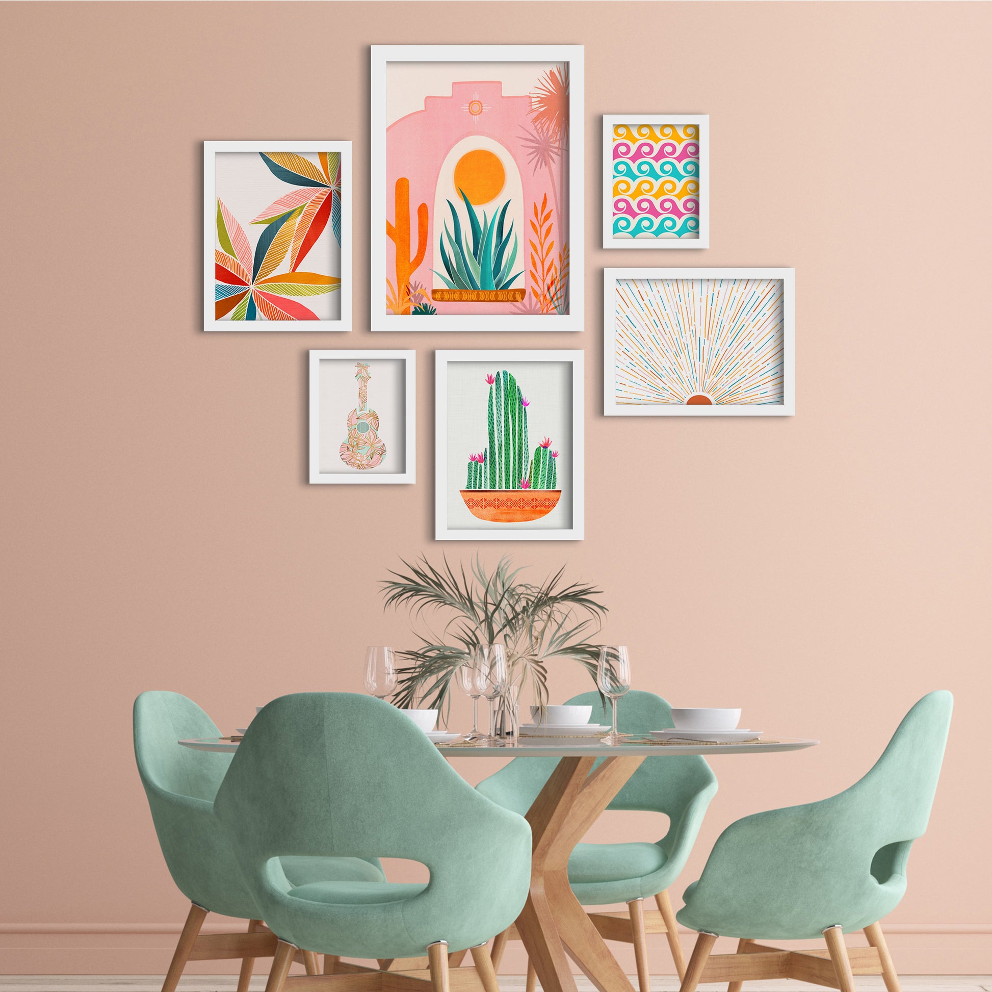 Orange Green Pink Sun & Cactus - 6 Piece Framed Gallery Wall Set - Art Set - Americanflat