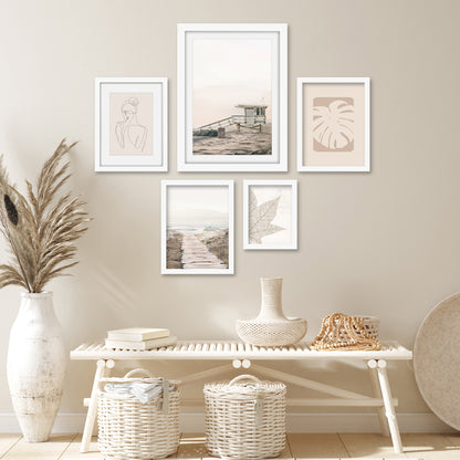 Americanflat 5 Piece Black Framed Gallery Wall Art Set - Beige Coastal Nature Line Art Woman